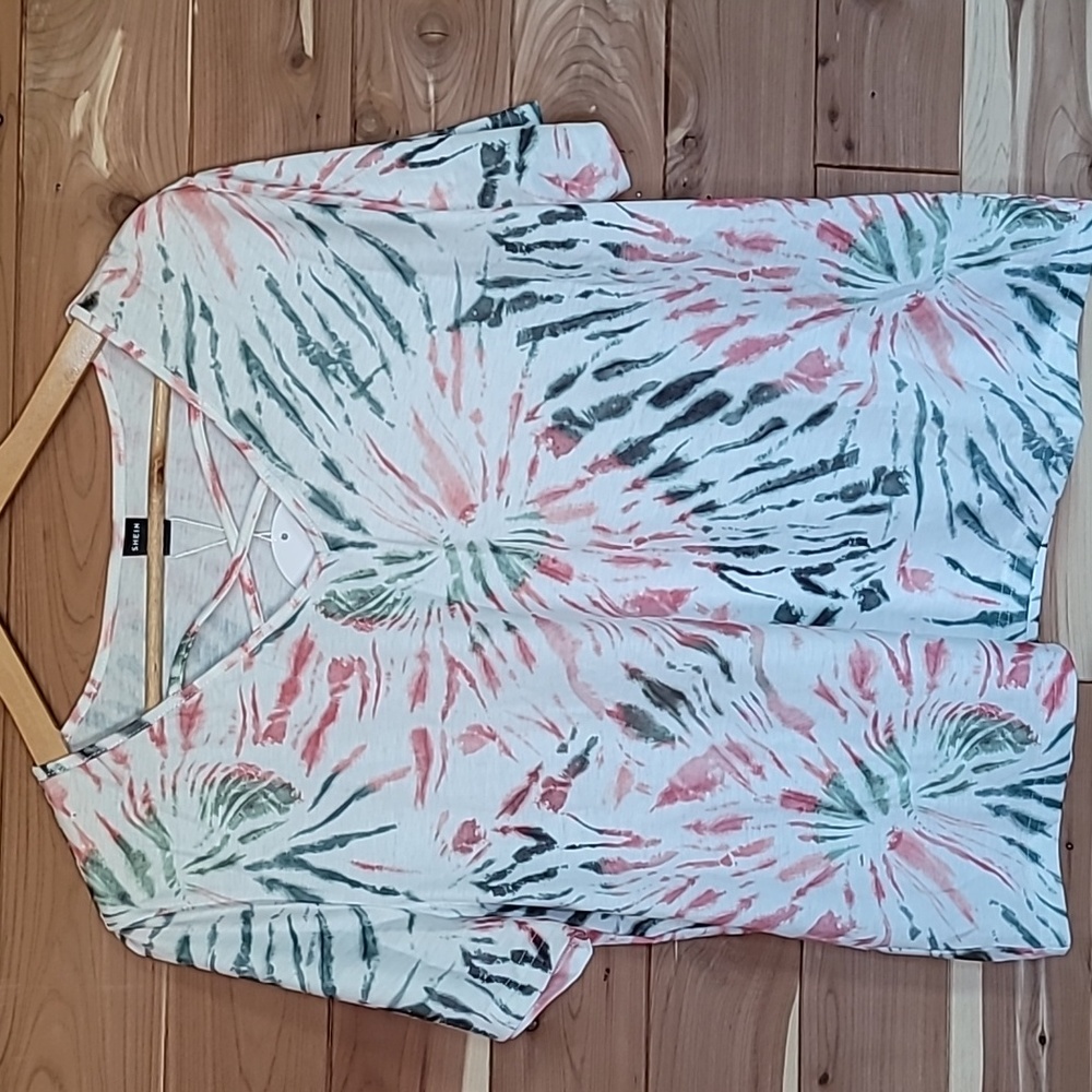 SHEIN Criss-Cross Short-Sleeve Top, Size L, White, Green, Pink Tie-Dye